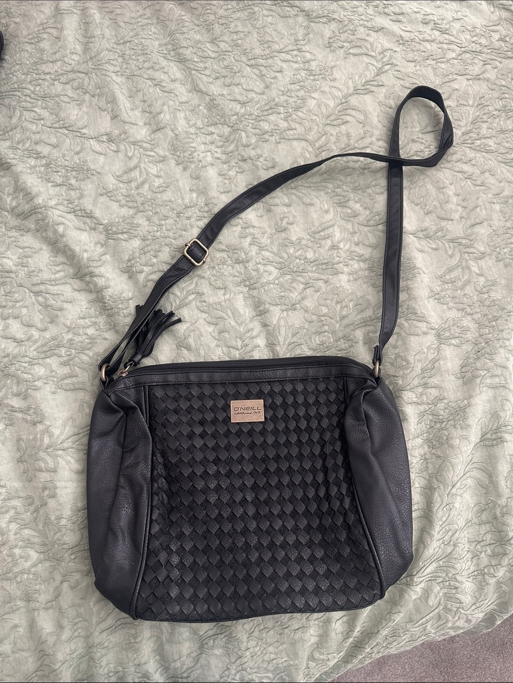 O'Neill Black Woven Crossbody Bag with Gold Logo Plaque